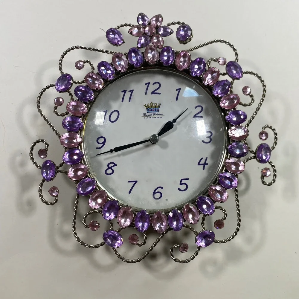 Royal Princess Clock Company‎ Purple Pink Crystal Silver Tone Wall Clock Quartz
